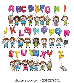 Kids Holding A to Z Alphabet Balloons Cartoon Vector