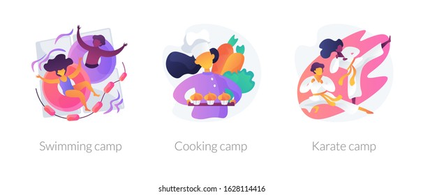 Kids holiday activities. Hobby, leisure, recreation. Children summer vacation adventures. Swimming, cooking camp, karate camp metaphors. Vector isolated concept metaphor illustrations.