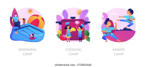 Kids holiday activities. Hobby, leisure, recreation. Children summer vacation adventures. Swimming, cooking camp, karate camp metaphors. Vector isolated concept metaphor illustrations.