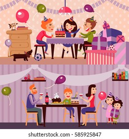 Kids holiday horizontal banners with cheerful happy children and family at birthday home party vector illustration