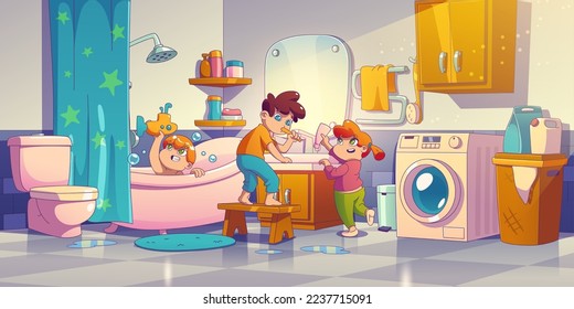 Kids at home bathroom, little children washing in tub with soap bubbles and toys, brushing teeth, doing hygiene procedures, family characters daily routine before sleeping, Cartoon vector illustration