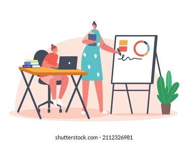 Kids Home Education Concept. Mother Character Help Daughter with Homework. Child Sitting at Table with Laptop and Textbooks Listen Tutor or Parent at White Board. Cartoon People Vector Illustration