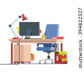 Kids home learning and study desk with casters chair, desktop computer, book, table lamp and school backpack. Front side view. Flat style color modern vector illustration.