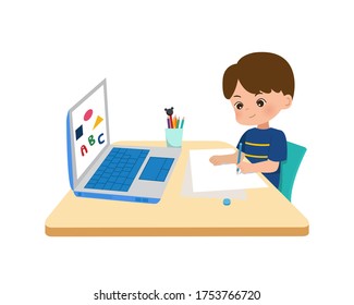 Kids Home Schooling Concept. Online Education At Home In The Middle Of Corona Pandemic. Little Boyusing Laptop For Online School In New Normal Era. Flat Style Vector Isolated On White Background.