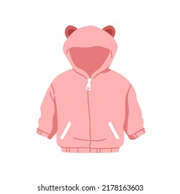 Kids hooded jacket. Girls soft fleece apparel for winter, cold weather with zipper closure, hoodie with bear ears. Toddlers sweatshirt. Flat vector illustration isolated on white background