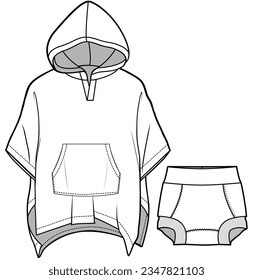 kids hooded towel beach cover up flat sketch vector illustration technical cad drawing template