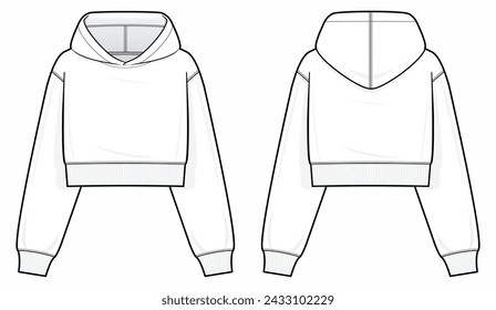 Kids Hoodie technical fashion illustration. hoodie vector template illustration. front and back view. oversized. drop shoulder. unisex. white color. CAD mockup.