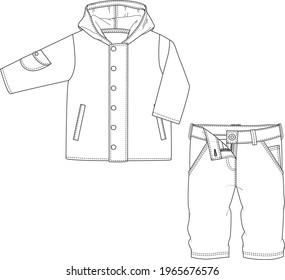 Kids hoody with denim pants, flat sketch illustrations