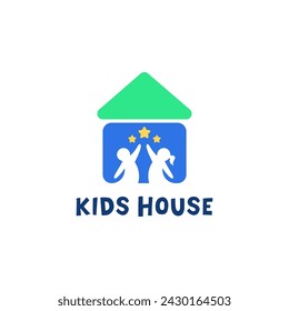 Kids House Logo With Negative Space of a Boy and Girl in the Center of the House With Hands Reaching for the Stars