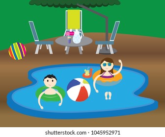 kids in a house swimming pool. Summer vacation illustration