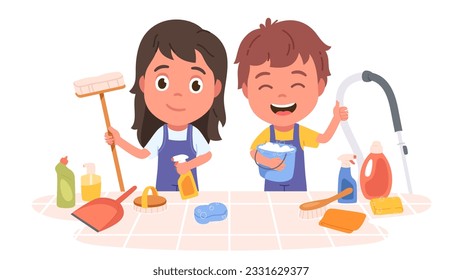 Kids with housekeeping home cleaning equipment. Smiling boy and girl children persons with vacuum cleaner, brush, detergent spray, bucket tools. Household washing supplies flat vector illustration