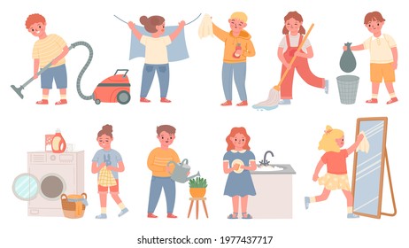 Kids housework. Children doing chores, cleaning, wash dishes, laundry, mopping floor and vacuum. Boys and girls clean home vector set. Housework and housekeeping, kids cleaning and wash illustration