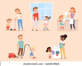 Kids housework. Children helping parents cleaning and washing room vector characters
