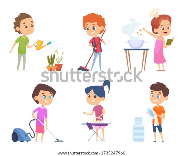 Kids Housework Childrens Helping Their Parents Stock Vector (Royalty ...