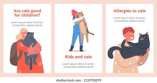 Kids Hug Cats Cartoon Banners, Children Girls and Boys Characters Cuddle with Pets, Hold Cute Kittens on Hands. Love, Tenderness to Animals, Allergy Disease Concept. People Vector Posters