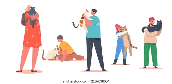 Kids Hug Cats, Children Girls and Boys Characters Cuddle with Pets, Holding Cute Kittens on Hands Isolated on White Background. Love, Tenderness to Animals Concept. Cartoon People Vector Illustration