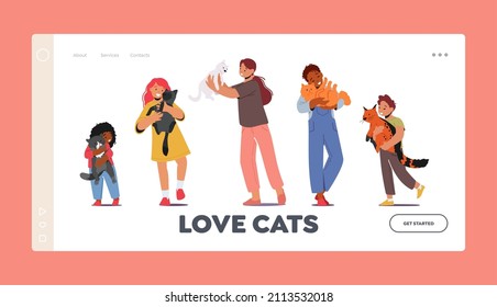 Kids Hug Cats Landing Page Template. Children Girls and Boys Characters Cuddle with Pets, Holding Cute Kittens on Hands. Love, Tenderness to Animals Concept. Cartoon People Vector Illustration