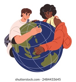 Los niños se abrazan, abrazan el globo terráqueo juntos. Los jóvenes se preocupan por el medio ambiente, la ecología. Los niños aman el planeta verde. Guardar Chica y niño Ilustración vectorial plana aislada sobre blanco