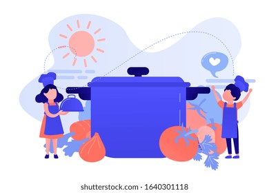 Kids at huge pan enjoy cooking tasty dishes from vegetables, tiny people. Cooking camp, culinary education for kids, young chief course concept. Pinkish coral bluevector isolated illustration