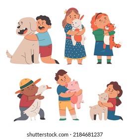 Kids hugging animals and pets vector cartoon set isolated on a white background.