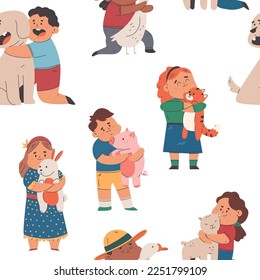 Kids hugging animals vector cartoon seamless pattern background for wallpaper, wrapping, packing, and backdrop.