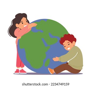 Kids Hugging Earth Planet. Little Boy and Girl Characters Embrace with Love Globe with Continents and Oceans. Eco Conservation, Nature Ecology Protection Concept. Cartoon People Vector Illustration