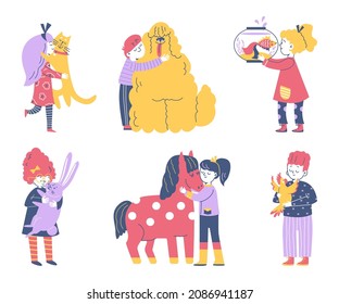 Kids hugging pet animals like dog and pony cartoon vector set isolated on white background. Cute and calm vector illustration of girl and boy cuddle with their pet cat, rabbit and bird.