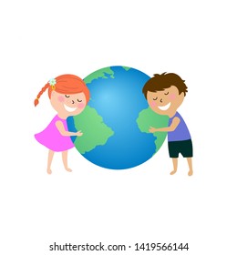 kids hugging planet earth, vector illustration cartoon design isolated on white background