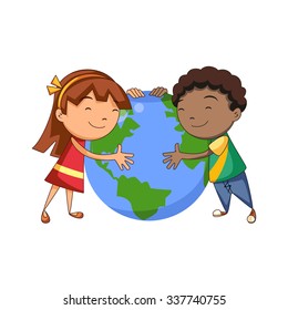 Kids hugging planet, vector illustration