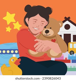 Kinder, die Teddybär auf Flachgrafik umarmten