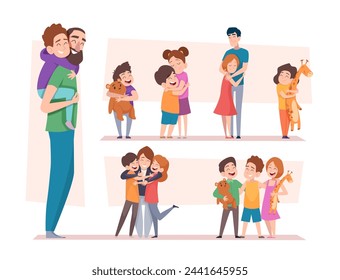 Kids hugging. Warm children hugs happy kids holding toys exact illustrations of family love