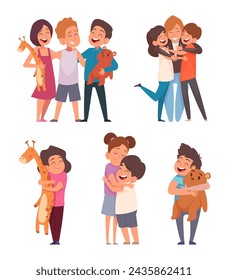 Kids hugs. Happy parents hugging their kids illustrations with children in love exact vector cartoon characters