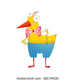 Kids Humorous Yellow Duck with Bow Tie. Yellow duckling birdie cartoon funny cute childish drawing. Transparent background EPS10 vector. 