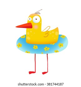 Kids Humorous Yellow Duck with Swimming Circle. Yellow baby bird cartoon cute childish drawing. Transparent background EPS10 vector. 