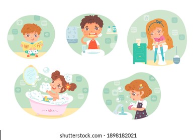 Kids hygiene in bathroom set. Boys and girls washing face, brushing teeth, sitting on toilet, bathing in bath. Healthy daily morning routine vector illustration. Childhood activities.