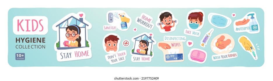 Kids hygiene coronavirus protective measures stickers set. Infection prevention recommendations for children. Stay at home, wash hands, wear face mask. Corona virus protection flat vector illustration