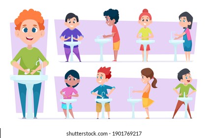 Kids hygiene. Happy little children washing hands cleaning body in water exact vector characters set