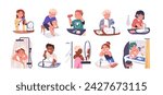 Kids hygiene routine set. Children, girls and boys washing hands with soap, taking shower and bath, clean face, brushing teeth in bathroom. Flat vector illustrations isolated on white background