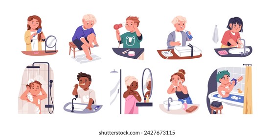 Kids hygiene routine set. Children, girls and boys washing hands with soap, taking shower and bath, clean face, brushing teeth in bathroom. Flat vector illustrations isolated on white background