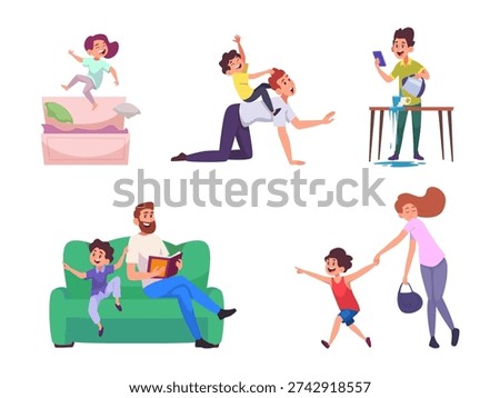 Kids hyperactive. Concept csenes with active playing children impulsivity inattention adhd problems exact vector template
