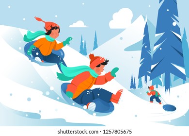 Kids with ice floe ride down the hill in forest. Concept winter family holiday, children s entertainment. Vector illustration.