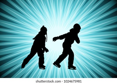 Kids ice skating silhouettes on the abstract background - vector 