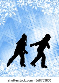 kids ice skating silhouettes on the abstract background - vector