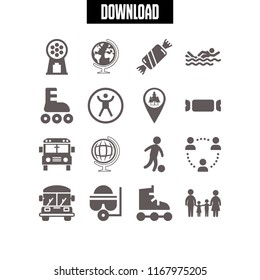 kids icon. 16 kids vector set. school bus, zorbing, roller skate and familiar group of two children father and mother icons for web and design about kids theme