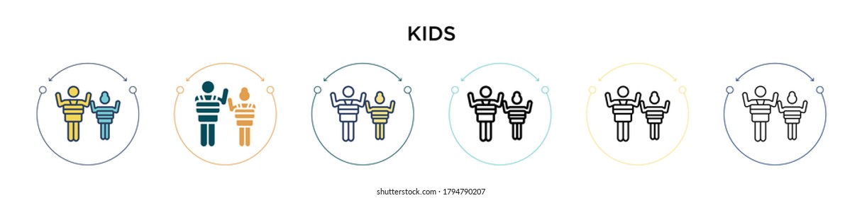 Kids icon in filled, thin line, outline and stroke style. Vector illustration of two colored and black kids vector icons designs can be used for mobile, ui, web