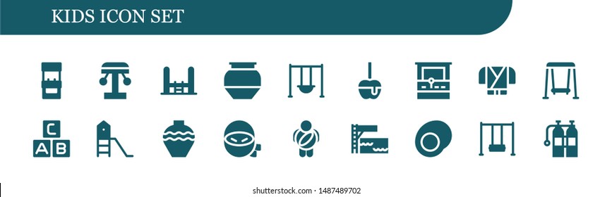 kids icon set. 18 filled kids icons.  Collection Of - Arcade machine, Amusement park, Trampoline, Pottery, Swing, Caramelized apple, Ninja, Abc, Playground, Childhood, Gummy, Oxigen