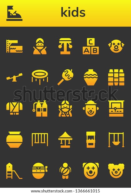 kids icon\
set. 26 filled kids icons.  Simple modern icons about  -\
Trampoline, Bumper car, Ninja, Amusement park, Abc, Clown, Swings,\
Caramelized apple, Pottery, Crayons,\
Oxigen