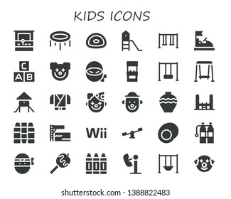 kids icon set. 30 filled kids icons.  Simple modern icons about  - Arcade machine, Trampoline, Gummy, Playground, Swing, Bumper car, Abc, Clown, Ninja, Pottery, Crayons, Wii, Swings