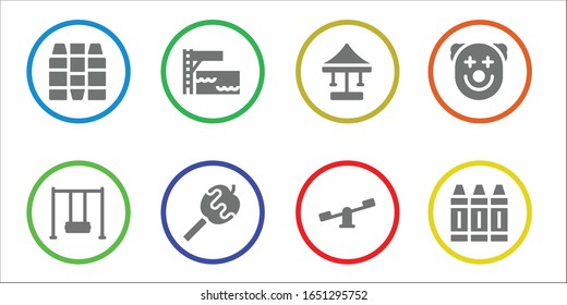 kids icon set. 8 filled kids icons.  Simple modern icons such as: Crayons, Swing, Trampoline, Caramelized apple, Swings, Clown, Crayon