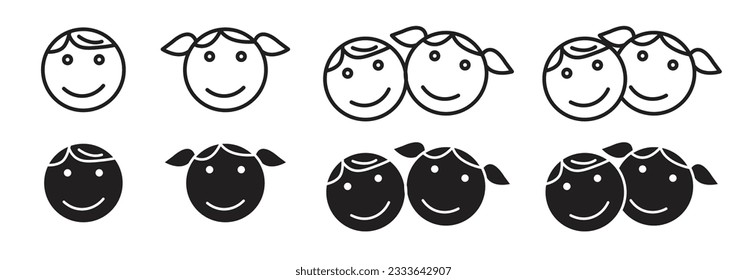 kids icon set. boy, girl and twins happy children's face vector pictogram in filled and outline. child face icons. suitable for mobile app, and website UI design.